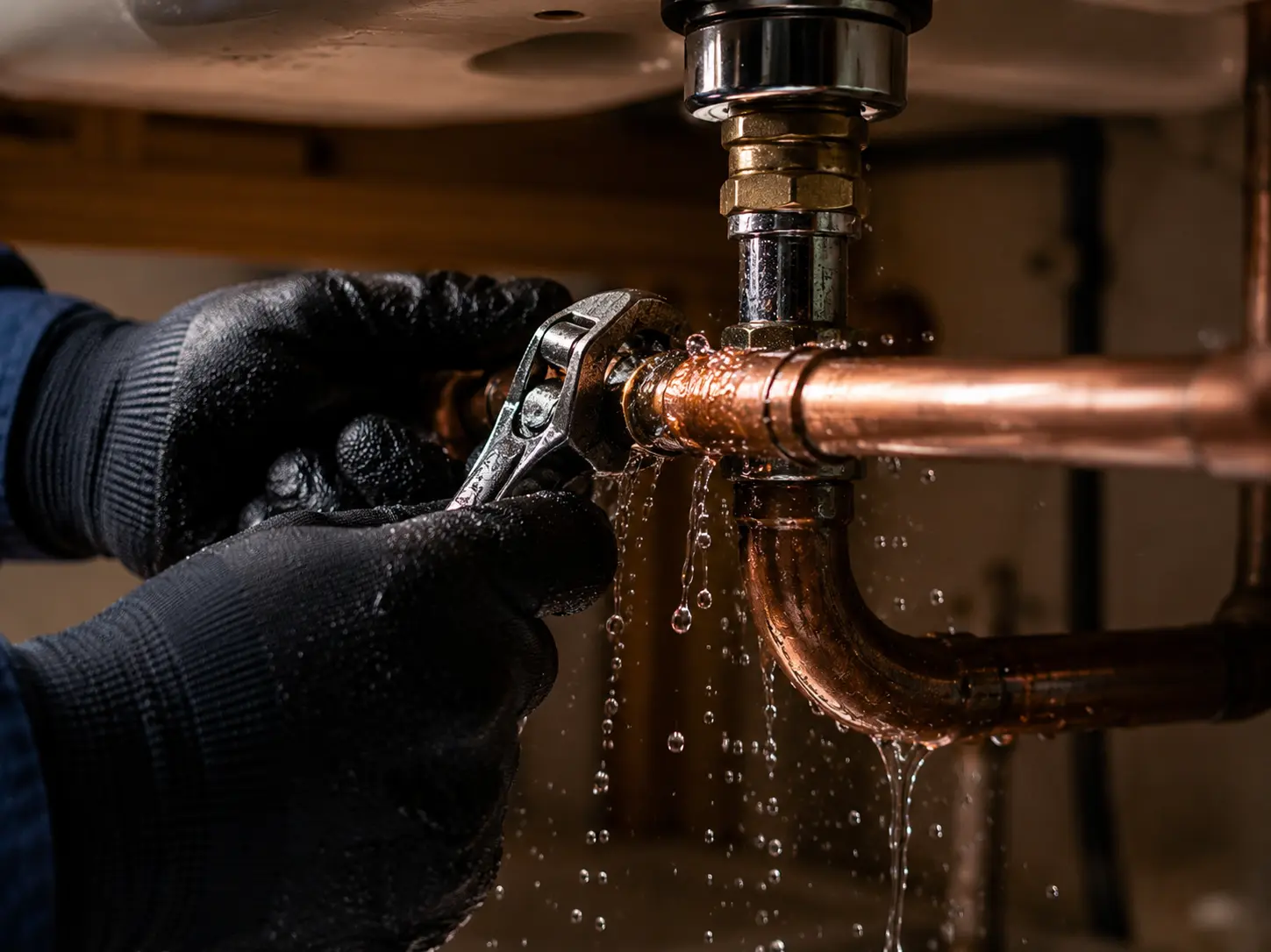 Emergency plumber fixing burst pipe
